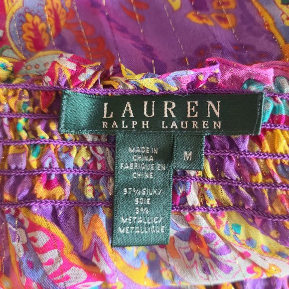 RALPH LAUREN sheer SILK METALLIC off-shoulder floral paisley smocked Boho top M - Picture 6 of 6